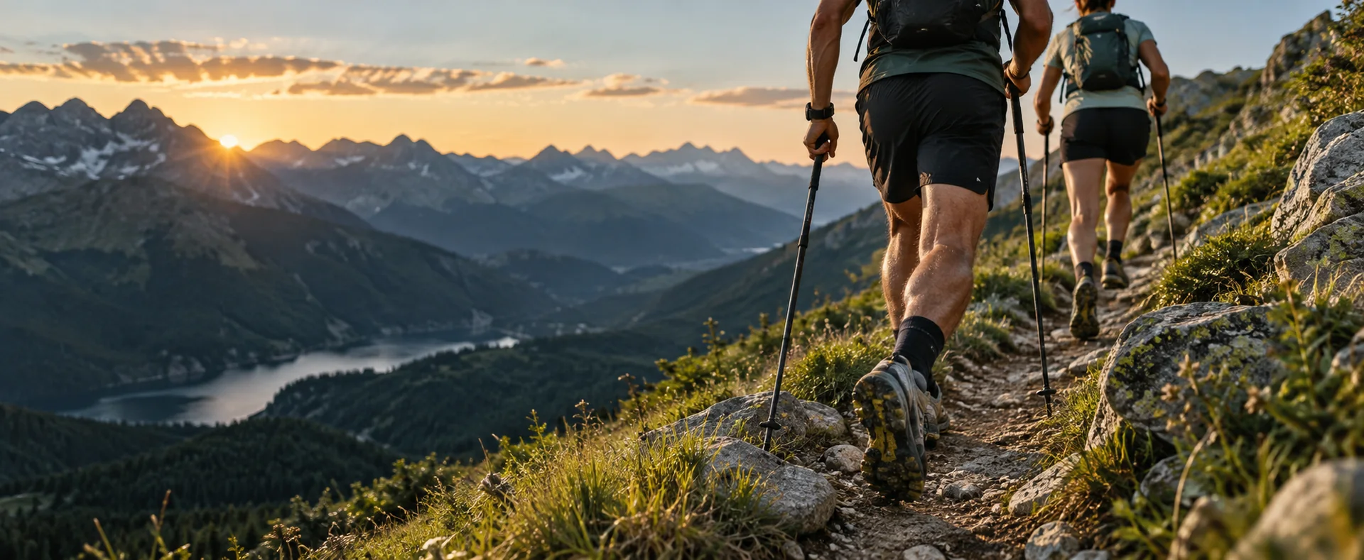Corredores avanzando junto a un lago de montaña
